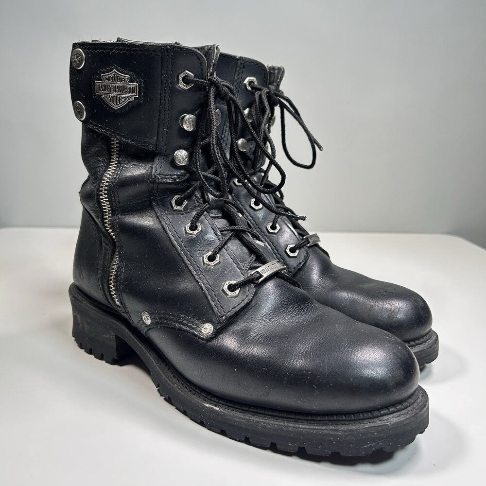 Harley Davidson Womens 8 Black Leather Motorcycle Biker Boots Lace Zip 95203